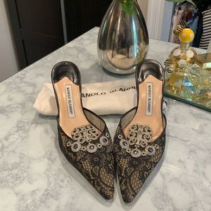 EUC Black Lace Manolo Blahnik Mules 40.5